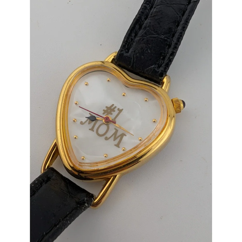 Vintage #1 Mom Heart Watch 28mm Gold Case MOP Dial Leather Band-‎ New Battery